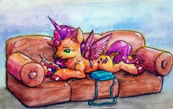 Size: 3010x1896 | Tagged: safe, artist:itssim, derpibooru import, sunny starscout, pony, bag, cardboard wings, cheek fluff, chest fluff, couch, ear fluff, fake horn, fake wings, g5, horn, image, jpeg, lying down, on couch, prone, reading, saddle bag, solo, traditional art, unshorn fetlocks, wings