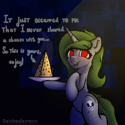 Size: 2048x2048 | Tagged: safe, artist:darbedarmoc, derpibooru import, oc, oc:minerva, pony, unicorn, bipedal, cheese, dialogue, food, image, looking at you, png, red eyes, solo, standing, standing on two hooves
