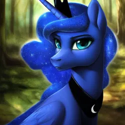 Size: 1280x1280 | Tagged: safe, derpibooru import, editor:dovakkins, machine learning generated, prompter:dovakkins, stable diffusion, princess luna, alicorn, derpibooru exclusive, ethereal mane, female, forest, forest background, galaxy mane, image, jewelry, looking at you, luna is not amused, peytral, png, regalia, solo, tree, unamused, wings