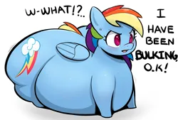 Size: 1774x1200 | Tagged: suggestive, artist:ahobobo, derpibooru import, rainbow dash, pegasus, pony, blushing, cross-popping veins, emanata, fat, furrowed brow, image, morbidly obese, obese, png, rainblob dash, simple background, solo, thighs, thunder thighs, tubby wubby pony waifu, white background