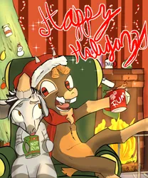 Size: 2500x3000 | Tagged: safe, artist:skunkstripe, derpibooru import, ribbon (tfh), goat, zebra, art pack:hooves n' holidays, them's fightin' herds, alcohol, beard, candy, candy cane, chair, christmas, christmas stocking, christmas tree, clothes, community related, drinking, facial hair, fire, fireplace, food, gap teeth, happy holidays, hat, holiday, horizontal pupils, horns, image, lapping, mug, ornaments, png, santa hat, scarf, shanty (tfh), tree