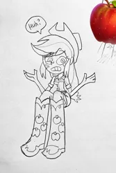 Size: 684x1024 | Tagged: safe, artist:rainbowjack_, derpibooru import, applejack, human, equestria girls, apple, confused, food, frown, image, jpeg, looking at you, solo, traditional art