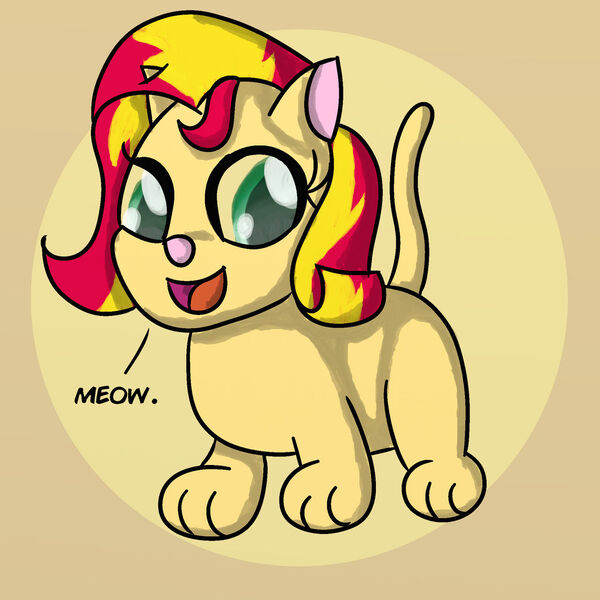 Size: 1280x1280 | Tagged: safe, artist:saburodaimando, derpibooru import, sunset shimmer, cat, atg 2020, catified, female, image, jpeg, kitten, meow, newbie artist training grounds, nyanset shimmer, onomatopoeia, open mouth, open smile, simple background, smiling, solo, species swap, yellow background, younger