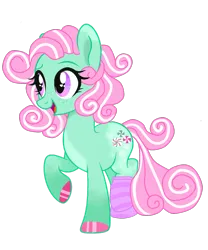 Size: 1224x1472 | Tagged: safe, artist:vernorexia, derpibooru import, minty, earth pony, pony, alternate cutie mark, alternate hairstyle, base used, body markings, clothes, colored hooves, curly hair, cute, freckles, g3, g3 to g4, g4, generation leap, gradient legs, happy, image, mintabetes, pink mane, png, redesign, short hair, short mane, snow, snowflake, socks, wingding eyes