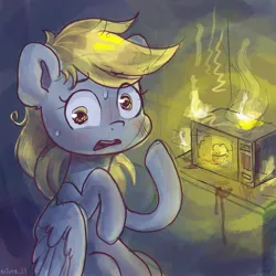 Size: 1200x1200 | Tagged: safe, artist:krista-21, derpibooru import, derpy hooves, pegasus, pony, burning, female, fire, food, image, jpeg, looking at you, mare, microwave, muffin, open mouth, solo, sweat, worried