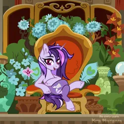 Size: 1500x1500 | Tagged: safe, artist:pritonhells, derpibooru import, oc, oc:dreaming bell, unofficial characters only, pony, unicorn, base used, chair, commission, cute, fancy, female, heart butt marking, horn, image, mare, ocbetes, plants, png, room, solo, throne, two toned coat, unicorn oc, ych result