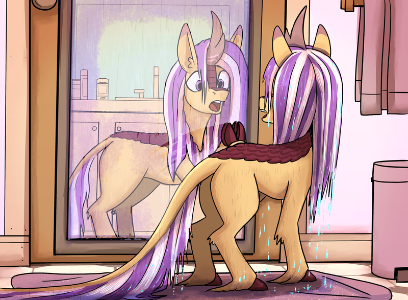 Size: 2160x1584 | Tagged: artist needed, safe, derpibooru import, oc, oc:lotus cinder, unofficial characters only, kirin, pony, fanfic:words of power, concave belly, female, human to kirin, human to pony, image, jpeg, male to female, mare, post-transformation, rule 63, transformation, transgender transformation, wet, wet mane
