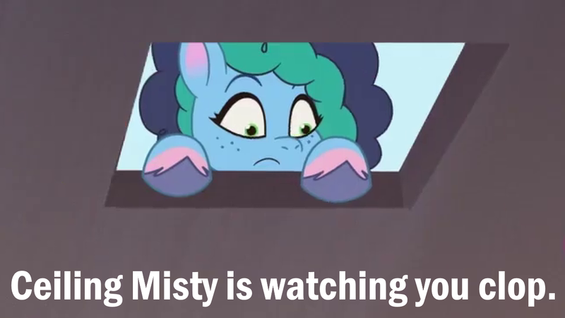 Size: 1280x720 | Tagged: suggestive, derpibooru import, edit, edited screencap, screencap, pony, unicorn, g5, my little pony: tell your tale, spoiler:g5, spoiler:my little pony: tell your tale, spoiler:tyts01e45, ceiling pony, image, implied masturbation, meme, misty brightdawn, png, ponykind parade-emonium, solo