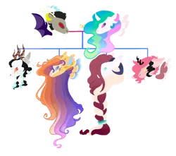 Size: 1024x906 | Tagged: safe, artist:alawdulac, artist:kyper-space, derpibooru import, discord, princess celestia, oc, oc:aergia, oc:juno, oc:moirai, oc:pernicia, alicorn, draconequus, hybrid, pony, antlers, base used, bat wings, dislestia, family tree, fangs, father and child, female, gradient mane, horns, image, interspecies offspring, jewelry, male, mare, mother and child, offspring, parent:discord, parent:princess celestia, parents:dislestia, png, ram horns, ring, shipping, siblings, simple background, straight, transparent background, wings