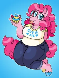 Size: 900x1200 | Tagged: safe, artist:krisispiss, derpibooru import, pinkie pie, anthro, earth pony, pony, unguligrade anthro, arm behind back, breasts, busty pinkie pie, chest fluff, chubby, colored hooves, cupcake, female, food, g4, image, looking at you, mare, png, smiling, solo, tail, text on clothing, text on shirt, thighs, thunder thighs, tongue out, unshorn fetlocks