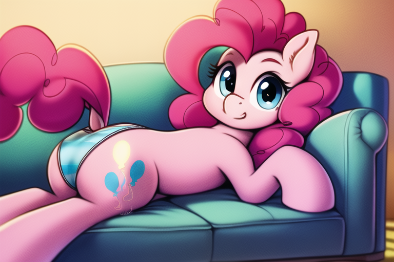 Size: 768x512 | Tagged: suggestive, derpibooru import, machine learning generated, novelai, stable diffusion, pinkie pie, earth pony, pony, blue underwear, butt, clothes, couch, dock, female, image, looking at you, looking back, lying down, mare, on couch, panties, plot, png, prone, striped underwear, tail, underwear