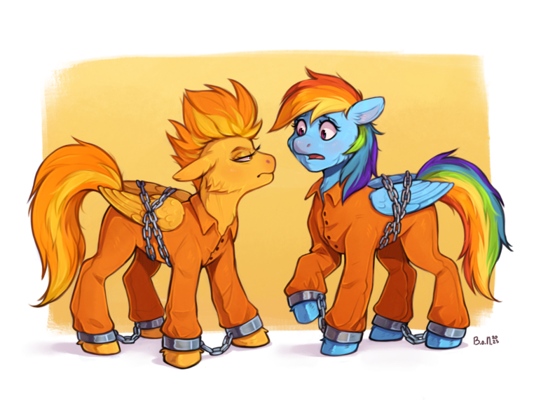 Size: 5000x3935 | Tagged: safe, artist:birdoffnorth, derpibooru import, spitfire, bound wings, chained, chains, clothes, commissioner:rainbowdash69, cuffed, cuffs, duo, grumpy, image, jumpsuit, never doubt rainbowdash69's involvement, png, prison outfit, prisoner, prisoner rd, shackles, shocked, spitfire is not amused, unamused, wings