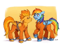 Size: 5000x3935 | Tagged: safe, artist:birdoffnorth, derpibooru import, spitfire, bound wings, chained, chains, clothes, commissioner:rainbowdash69, cuffed, cuffs, duo, grumpy, image, jumpsuit, never doubt rainbowdash69's involvement, png, prison outfit, prisoner, prisoner rd, shackles, shocked, spitfire is not amused, unamused, wings