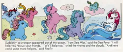 Size: 1100x470 | Tagged: artist needed, safe, derpibooru import, bowtie (g1), firefly, medley, pinwheel, sea mist, seashell (g1), sparkler (g1), earth pony, pegasus, pony, unicorn, comic:my little pony (g1), bow, dialogue, female, g1, group, hair bow, image, mare, official comic, png, scan, tail, tail bow, upscaled, where is seaspray?