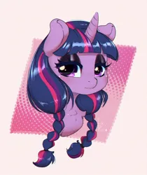 Size: 838x1000 | Tagged: safe, artist:inkypuso, derpibooru import, twilight sparkle, pony, unicorn, alternate hairstyle, braid, braided pigtails, bust, chest fluff, cute, eyeshadow, female, image, jpeg, looking at you, makeup, mare, pigtails, solo, twiabetes, wednesday addams