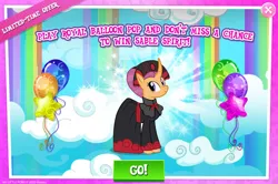 Size: 1957x1297 | Tagged: safe, derpibooru import, official, sable spirit, pony, unicorn, advertisement, balloon pop, clothes, curved horn, dress, english, female, gameloft, horn, image, jpeg, mare, mobile game, my little pony: magic princess, solo, solo focus, text