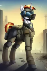 Size: 512x768 | Tagged: safe, derpibooru import, editor:flitter4935, machine learning generated, novelai, stable diffusion, oc, pony, unicorn, armor, armored pony, helmet, image, male, png, post-apocalyptic