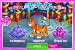 Size: 1961x1302 | Tagged: safe, derpibooru import, official, big cat, tiger, advertisement, clothes, costs real money, english, gameloft, hat, image, jpeg, lunar new year, magic coins, mobile game, my little pony: magic princess, numbers, sale, scarf, solo, solo focus, text, whiskers