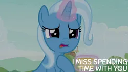 Size: 1920x1080 | Tagged: safe, derpibooru import, edit, edited screencap, editor:quoterific, screencap, trixie, unicorn, student counsel, cup, cute, diatrixes, hoof on chest, image, levitation, magic, magic aura, png, quote, sad, solo, teacup, telekinesis, text