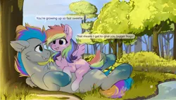 Size: 2136x1218 | Tagged: safe, artist:little-sketches, derpibooru import, oc, oc:aurora codec, oc:pixel codec, unofficial characters only, pegasus, pony, chest fluff, commission, dialogue, father and child, father and daughter, female, filly, foal, gradient hooves, happy, image, lying down, male, multicolored hair, on back, pegasus oc, png, rainbow hair, stallion, wings