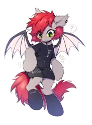 Size: 1499x2048 | Tagged: safe, artist:swaybat, derpibooru import, oc, oc:swaybat, unofficial characters only, bat pony, pony, bat pony oc, bat wings, blushing, clothes, eye clipping through hair, eyebrows, eyebrows visible through hair, female, image, jpeg, open mouth, question mark, simple background, solo, spread wings, white background, wings