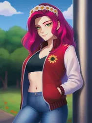 Size: 1020x1360 | Tagged: safe, derpibooru import, editor:sammykun, machine learning generated, novelai, stable diffusion, gloriosa daisy, human, equestria girls, beautiful, belly button, clothes, column, denim, female, humanized, image, jacket, jeans, jpeg, looking at you, pants, pockets, reference used, smiling, solo, varsity jacket