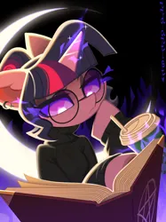 Size: 1521x2032 | Tagged: safe, artist:rrd-artist, derpibooru import, twilight sparkle, book, clothes, dark magic, drink, glasses, glow, glowing eyes, glowing horn, horn, image, jpeg, magic