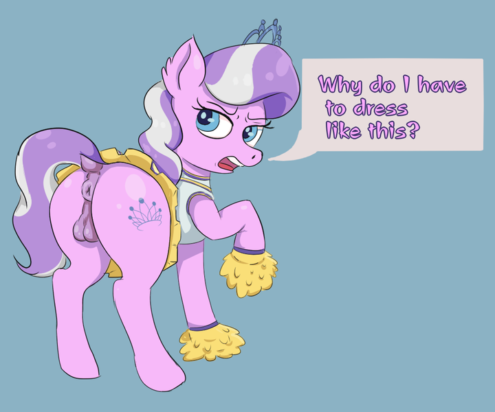 Size: 1200x1000 | Tagged: explicit, anonymous artist, derpibooru import, diamond tiara, earth pony, pony, anus, balls, butt, cheerleader, cheerleader outfit, clothes, dialogue, diamond crown, femboy, foal, foalcon, girly, image, male, nudity, plot, png, rule 63, skirt, solo, talking, talking to viewer, underage