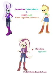 Size: 960x1344 | Tagged: safe, artist:prettycelestia, applejack, coloratura, belt buckle, blonde hair, boots, clothes, countess coloratura, eyeshadow, fusion, green eyes, high heel boots, image, jacket, makeup, png, ponytail, shoes, striped mane