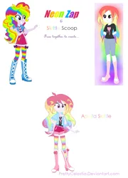 Size: 904x1254 | Tagged: safe, artist:prettycelestia, derpibooru import, pinkie pie, rainbow dash, oc, oc:neon zap, oc:skittle scoop, belt buckle, boots, bracelet, clothes, fusion, high heel boots, image, jewelry, multicolored hair, multiple arms, png, purple eyes, rainbow hair, shoes, shorts, socks, stockings, thigh highs