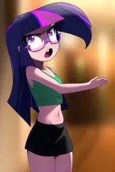 Size: 2048x3072 | Tagged: safe, derpibooru import, machine learning generated, novelai, stable diffusion, twilight sparkle, human, equestria girls, belly button, clothes, denim, female, glasses, humanized, image, jpeg, midriff, serious, serious face, sexy, shirt, skirt, solo, tanktop