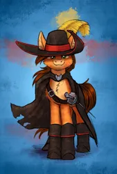 Size: 1462x2160 | Tagged: source needed, safe, artist:helmie-art, derpibooru import, ponified, pony, abstract background, boots, chest fluff, clothes, cute, fluffy, hat, image, looking at you, png, puss in boots, puss in boots (movie), puss in boots: the last wish, rapier, shoes, sword, weapon