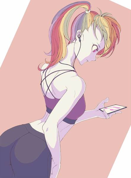 Size: 902x1224 | Tagged: safe, artist:doktor-d, derpibooru import, rainbow dash, human, equestria girls, ass, butt, earbuds, female, image, jpeg, midriff, mobile phone, phone, ponytail, rainbutt dash, smartphone