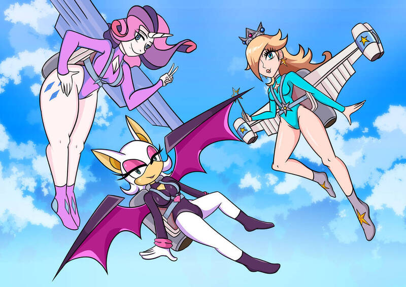 Size: 1063x752 | Tagged: suggestive, artist:zarabor, derpibooru import, rarity, alicorn, anthro, bat, human, alicornified, clothes, eye clipping through hair, female, image, jetpack, jpeg, leotard, looking at you, peace sign, princess rosalina, race swap, raricorn, rosalina, rouge the bat, sky, sky background, smiling, smiling at you, sonic the hedgehog (series), spread wings, super mario bros., thong leotard, trio, trio female, wand, wings