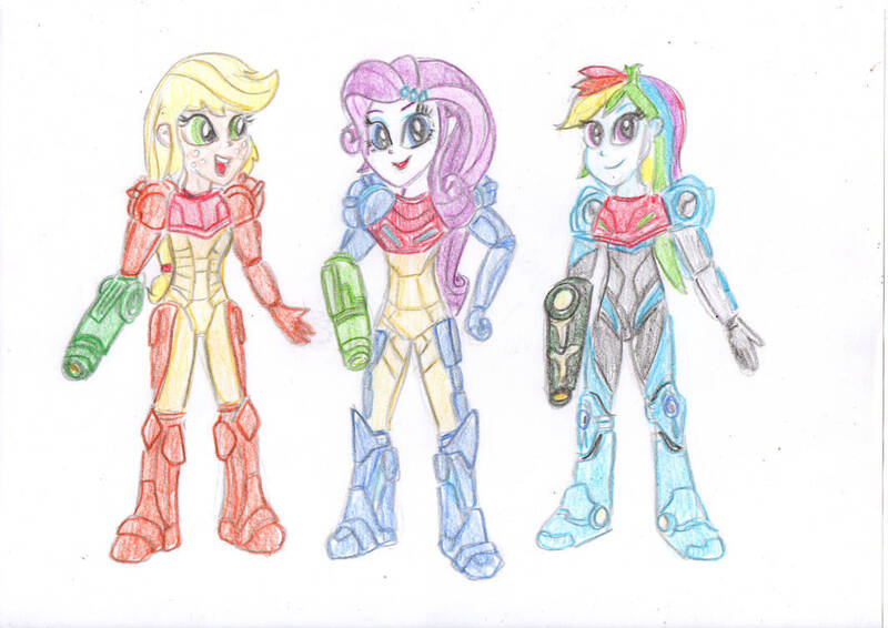 Size: 1063x752 | Tagged: safe, artist:rami-yt, derpibooru import, applejack, rainbow dash, rarity, human, equestria girls, arm cannon, armor, female, image, jpeg, metroid, metroid dread, power suit, powersuit, simple background, traditional art, trio, trio female