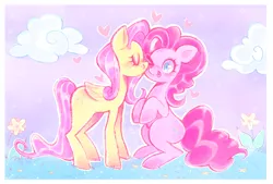 Size: 2350x1588 | Tagged: safe, artist:veianaan, derpibooru import, fluttershy, pinkie pie, earth pony, pegasus, pony, cloud, cute, diapinkes, duo, duo female, eyes closed, female, floating heart, flower, flutterpie, grass, heart, image, kiss on the cheek, kissing, lesbian, mare, one eye closed, png, shipping, shyabetes, sitting, sitting up, smiling