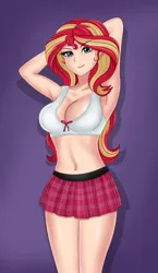 Size: 2552x4390 | Tagged: suggestive, artist:anonix123, derpibooru import, sunset shimmer, human, adorasexy, armpits, belly button, breasts, busty sunset shimmer, cleavage, clothes, cute, female, human coloration, humanized, image, midriff, png, sexy, skirt, smiling, solo, solo female, stupid sexy sunset shimmer