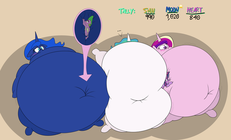 Size: 5743x3479 | Tagged: suggestive, artist:rupertbluefox, derpibooru import, princess cadance, princess celestia, princess luna, spike, twilight sparkle, twilight sparkle (alicorn), alicorn, dragon, pony, unicorn, series:sunsmoons&heartbellyballoons, ..., belly, belly bed, belly button, belly sandwich, belly to belly, big belly, blushing, boing, butt, chubby cheeks, chubbylestia, dialogue, dragonbutt, eyes closed, fat, fat fetish, female, fetish, group, heart, high res, huge belly, image, immobile, impossibly large belly, impossibly obese, incentive drive, looking at someone, lying down, male, missing accessory, morbidly obese, navel play, no mouth, obese, on top, one eye closed, png, princess decadence, princess moonpig, prone, size difference, squished, squishy, stomach noise, this ended in weight gain, this will end in weight gain, tongue out, wall of tags, weight gain, winged spike, wings