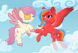 Size: 1000x684 | Tagged: safe, artist:gaffy, artist:jennieoo, derpibooru import, oc, oc:gaffy, oc:gentle star, pegasus, pony, animated, cloud, collaboration, eyepatch, gift art, happy, hoofbump, image, png, sketch, sky, smiling, spread wings, wings