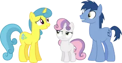 Size: 5819x3000 | Tagged: safe, artist:cloudyglow, derpibooru import, blues, lemon hearts, noteworthy, sweetie belle, earth pony, pony, unicorn, for whom the sweetie belle toils, female, filly, foal, image, male, mare, png, simple background, stallion, transparent background, trio, vector