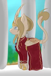 Size: 3600x5400 | Tagged: safe, artist:thecommandermiky, derpibooru import, oc, oc:artura, unofficial characters only, alicorn, alicorn oc, blue eyes, clothes, crown, dress, horn, image, jewelry, pillar, png, regalia, shoes, solo, tail, wings, yellow hair, yellow mane