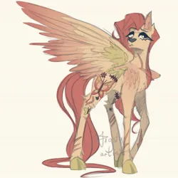 Size: 1556x1556 | Tagged: safe, artist:angsty-art-ist, derpibooru import, fluttershy, deer, deer pony, original species, pegasus, pony, alternate color palette, alternate cutie mark, alternate design, alternate hairstyle, chest feathers, cloven hooves, colored hooves, colored sketch, colored wings, female, image, jpeg, long hair, long mane, long tail, multicolored wings, one wing out, raised hoof, redesign, scar, simple background, solo, solo female, species swap, spread wings, tail, tail feathers, tattoo, three quarter view, twitterina design, unshorn fetlocks, watermark, white background, wings