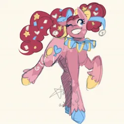 Size: 1417x1417 | Tagged: safe, artist:angsty-art-ist, derpibooru import, pinkie pie, earth pony, pony, accessories, afro puffs, alternate color palette, alternate cutie mark, alternate design, alternate hairstyle, bell, bow, colored sketch, confetti, female, glitter, hair bow, hair bun, hoof polish, image, jpeg, markings, one eye closed, piebald coloring, raised hoof, redesign, ruff (clothing), simple background, solo, solo female, twitterina design, unshorn fetlocks, white background, wink