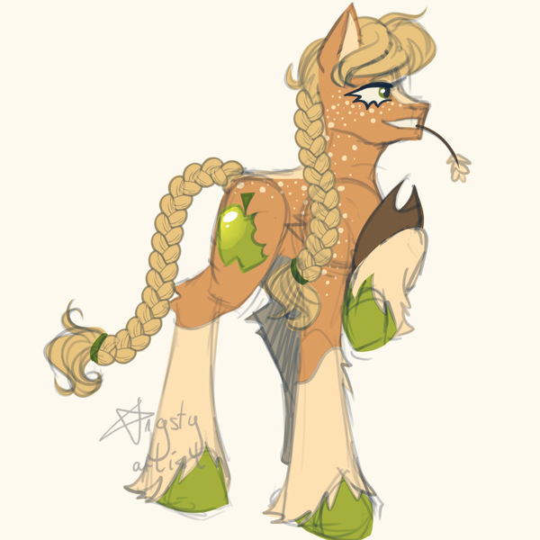 Size: 3464x3464 | Tagged: safe, artist:angsty-art-ist, derpibooru import, applejack, earth pony, pony, alternate color palette, alternate cutie mark, alternate design, alternate hairstyle, applejack's hat, braid, braided tail, coat markings, colored hooves, cowboy hat, female, food, freckles, hair tie, hat, hatless, image, jpeg, missing accessory, obtrusive watermark, raised hoof, redesign, simple background, smiling, socks (coat marking), solo, solo female, tail, twitterina design, unshorn fetlocks, watermark, wheat, white background