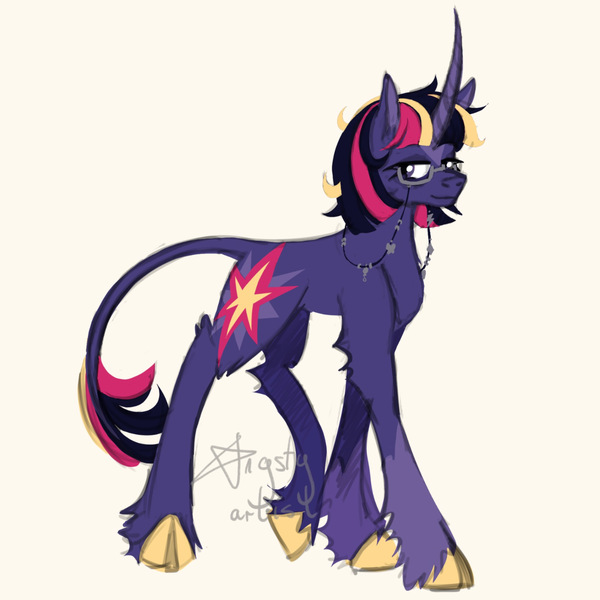 Size: 3464x3464 | Tagged: safe, artist:angsty-art-ist, derpibooru import, twilight sparkle, pony, unicorn, alternate color palette, alternate cutie mark, alternate design, alternate hairstyle, bags under eyes, blaze (coat marking), charms, cloven hooves, coat markings, colored hooves, curved horn, facial markings, female, glasses, glasses chain, horn, image, jpeg, leonine tail, lidded eyes, multicolored hair, raised hoof, redesign, short hair, short tail, smiling, smirk, socks (coat marking), solo, solo female, tail, three quarter view, twitterina design, unicorn twilight, unshorn fetlocks