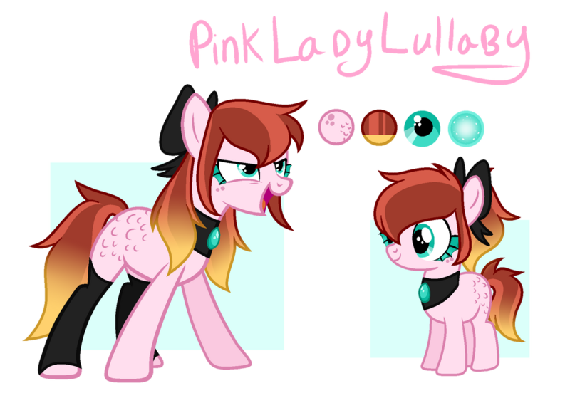 Size: 1070x747 | Tagged: safe, artist:chailicorice, artist:elementbases, derpibooru import, oc, oc:pink lady lullaby, unofficial characters only, earth pony, pony, bow, choker, clothes, earth pony oc, female, freckles, goth, gradient mane, hair bow, image, magical lesbian spawn, makeup, mare, offspring, parent:applejack, parent:coloratura, parents:rarajack, png, reference sheet, simple background, socks, solo, transparent background