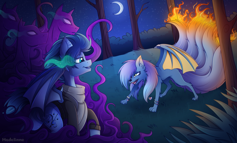 Size: 3000x1811 | Tagged: safe, artist:madelinne, derpibooru import, oc, oc:dusk cello, oc:echo melody, bat pony, wolf, fire, image, magic, moon, night, png, stars