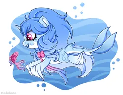 Size: 2000x1554 | Tagged: safe, artist:madelinne, derpibooru import, oc, unofficial characters only, fish, original species, sea pony, seapony (g4), shark, shark pony, unicorn, blue mane, bubble, chibi, digital art, dorsal fin, ethereal mane, fish tail, flowing mane, flowing tail, horn, image, ocean, open mouth, open smile, pink eyes, png, simple background, smiling, solo, starry mane, swimming, tail, teeth, underwater, unshorn fetlocks, water, white background