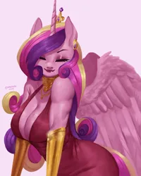 Size: 2808x3508 | Tagged: safe, artist:nire, derpibooru import, princess cadance, alicorn, anthro, beauty mark, breasts, busty princess cadance, cleavage, clothes, crown, dress, ear piercing, earring, eyeshadow, female, image, jewelry, lipstick, makeup, mole, necklace, piercing, png, regalia, solo, tail, wings