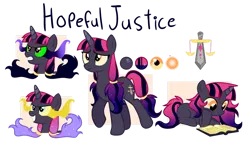 Size: 1188x673 | Tagged: safe, artist:chailicorice, artist:elementbases, artist:raini-bases, derpibooru import, oc, oc:hopeful justice, unofficial characters only, pony, unicorn, book, cutie mark, female, filly, foal, gradient mane, horn, image, lying down, mare, offspring, parent:king sombra, parent:twilight sparkle, parents:twibra, png, reading, reference sheet, self paradox, self ponidox, simple background, solo, sombra eyes, sparkly mane, transparent background, unicorn oc